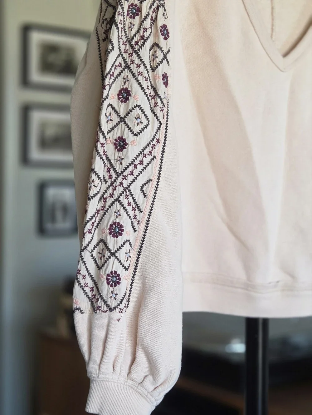 Free People Senorita Embroidered Puff Sleeve V-Neck Sweatshirt